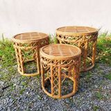 Vintage peacock rattan wicker nesting side tables