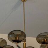 Italian brass chandelier with 6 grey smoked glass globes