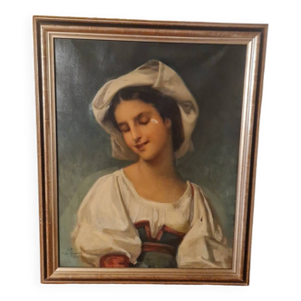 Huile sur toile, portrait d'une Napolitaine, début XXEme