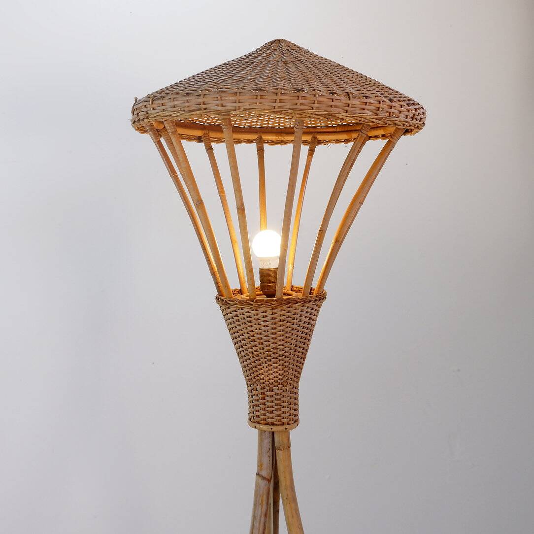Mid-Century tripod Rattan Floor Lamp - 1960s