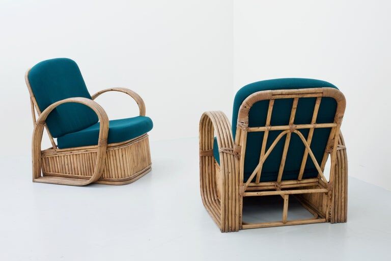 Set of 2 rattan chairs in green wool Italy 1950
