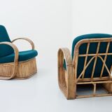 Set of 2 rattan chairs in green wool Italy 1950