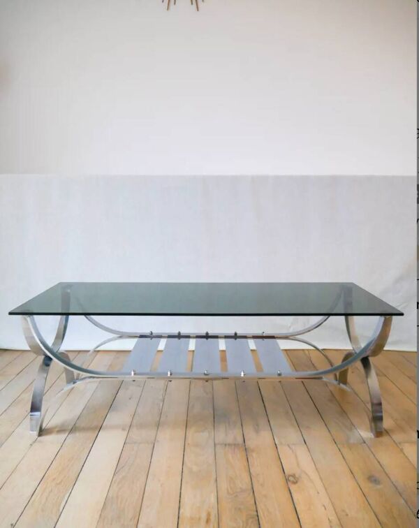 Table basse rectangulaire en verre fumé et chrome double plateaux Design 1970
