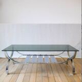 Rectangular coffee table in smoked glass and chrome double trays Design 1970