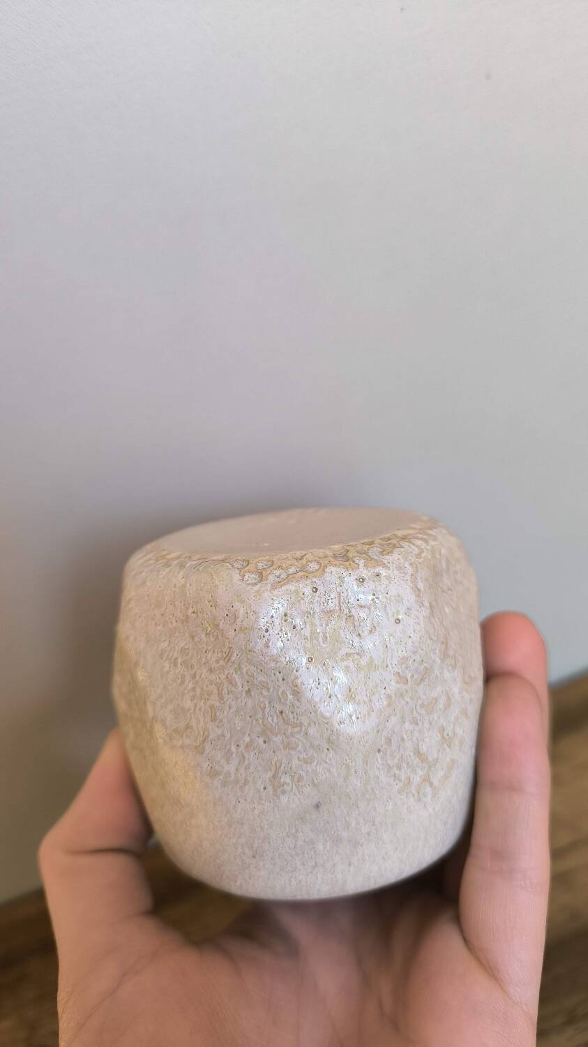 Faceted ceramic cup, handcrafted stoneware, turned, pale yellow enamel