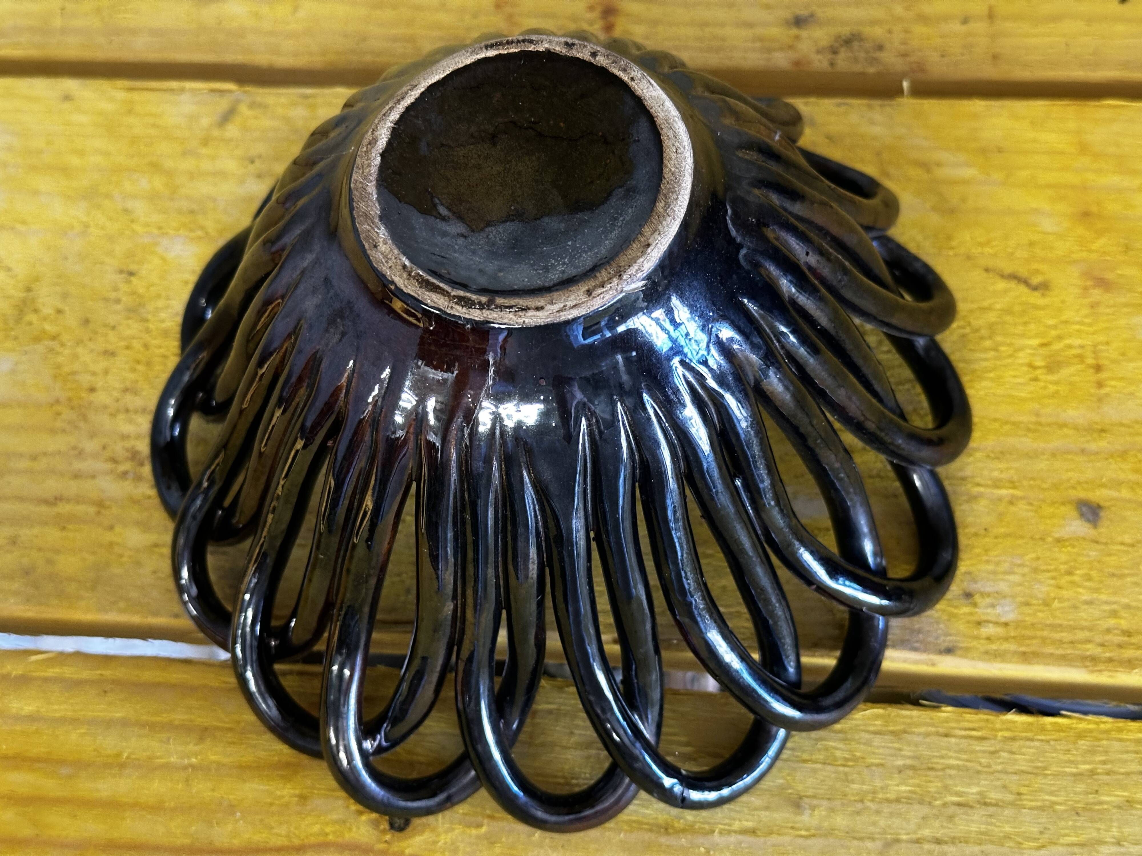 Small Basket - Iridescent Black Braided Ceramic Empty Pocket - 70's German