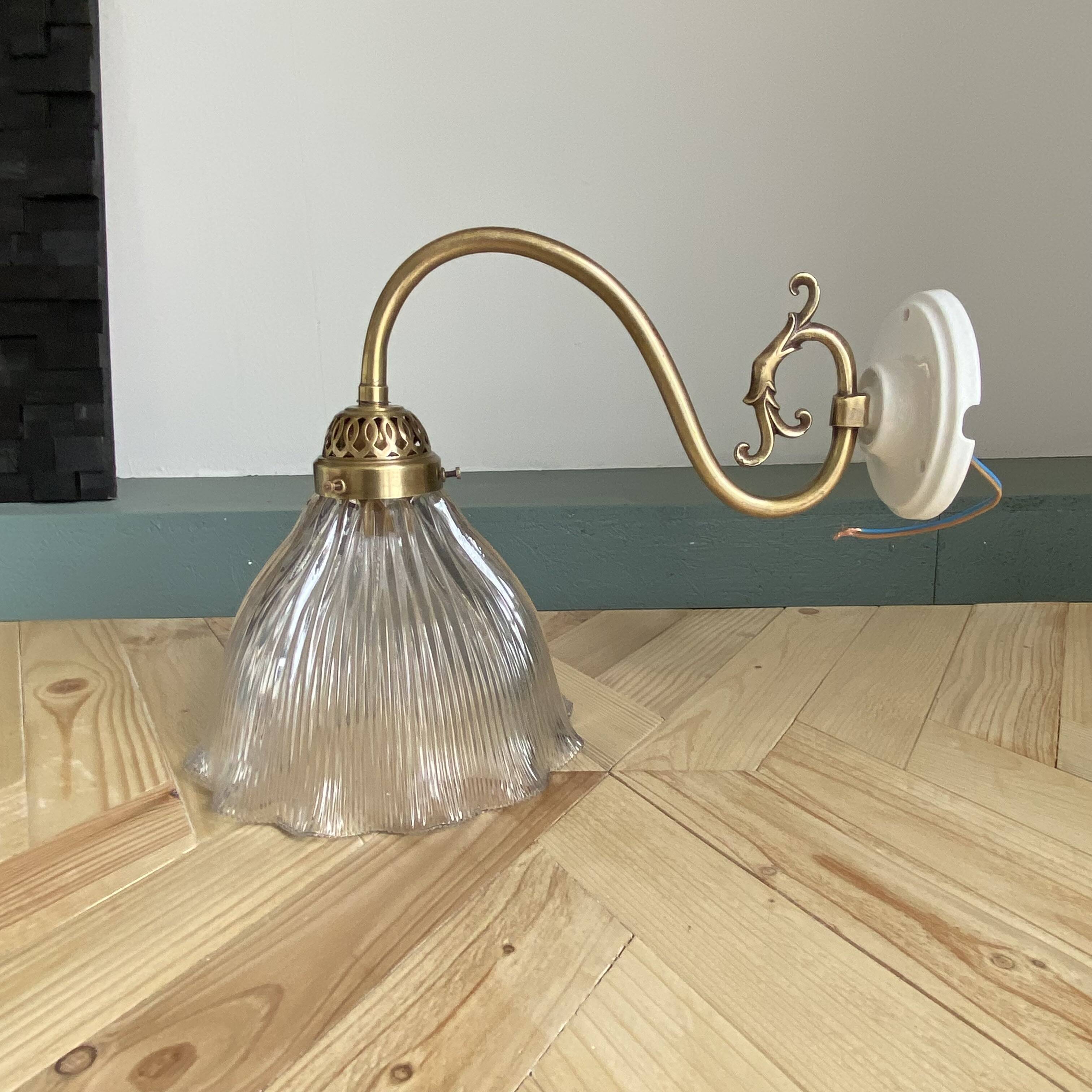 Holophane tulip brass swan neck wall lamp with porcelain rosette