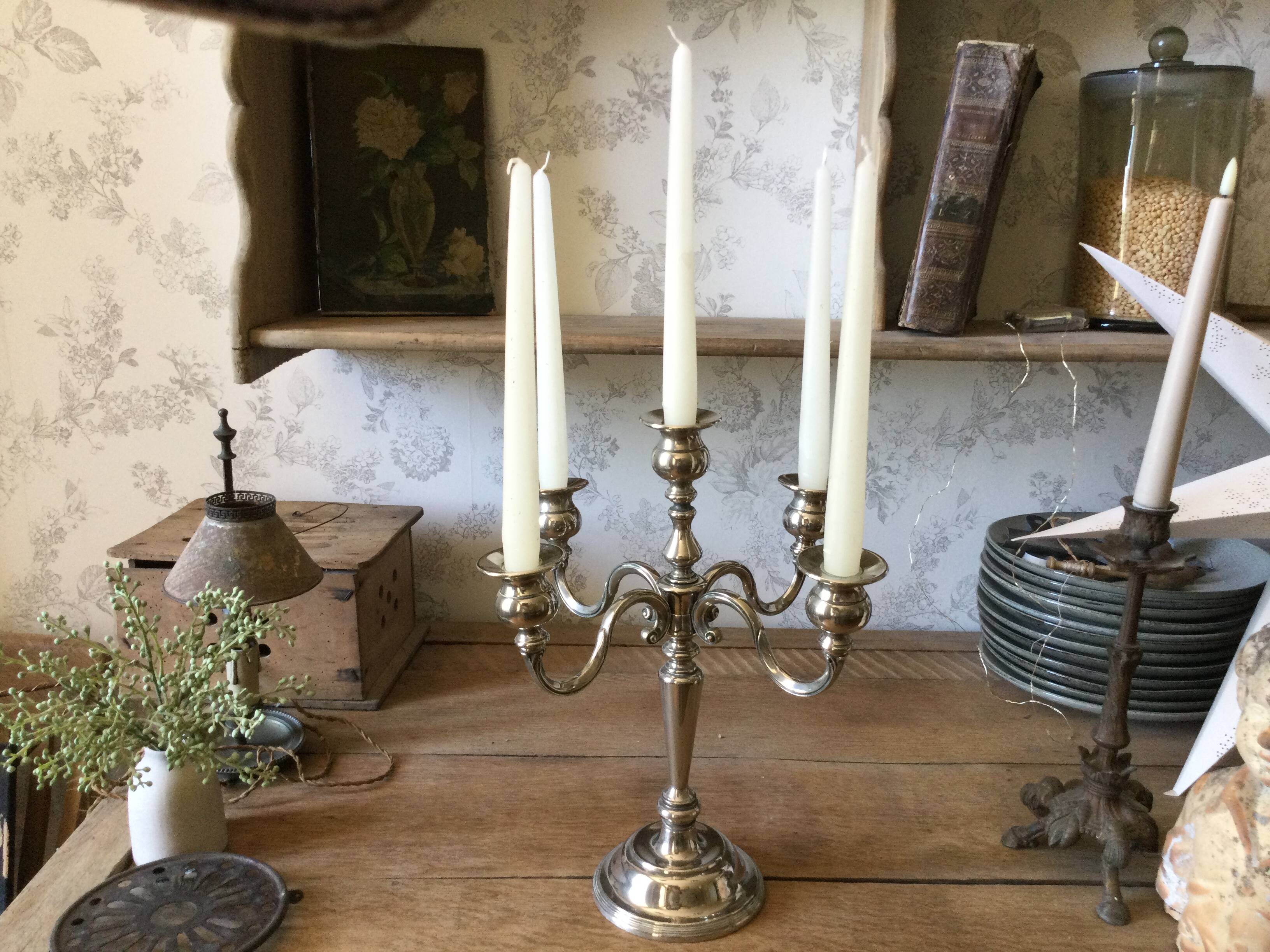 5-branch silver-plated metal candle holder