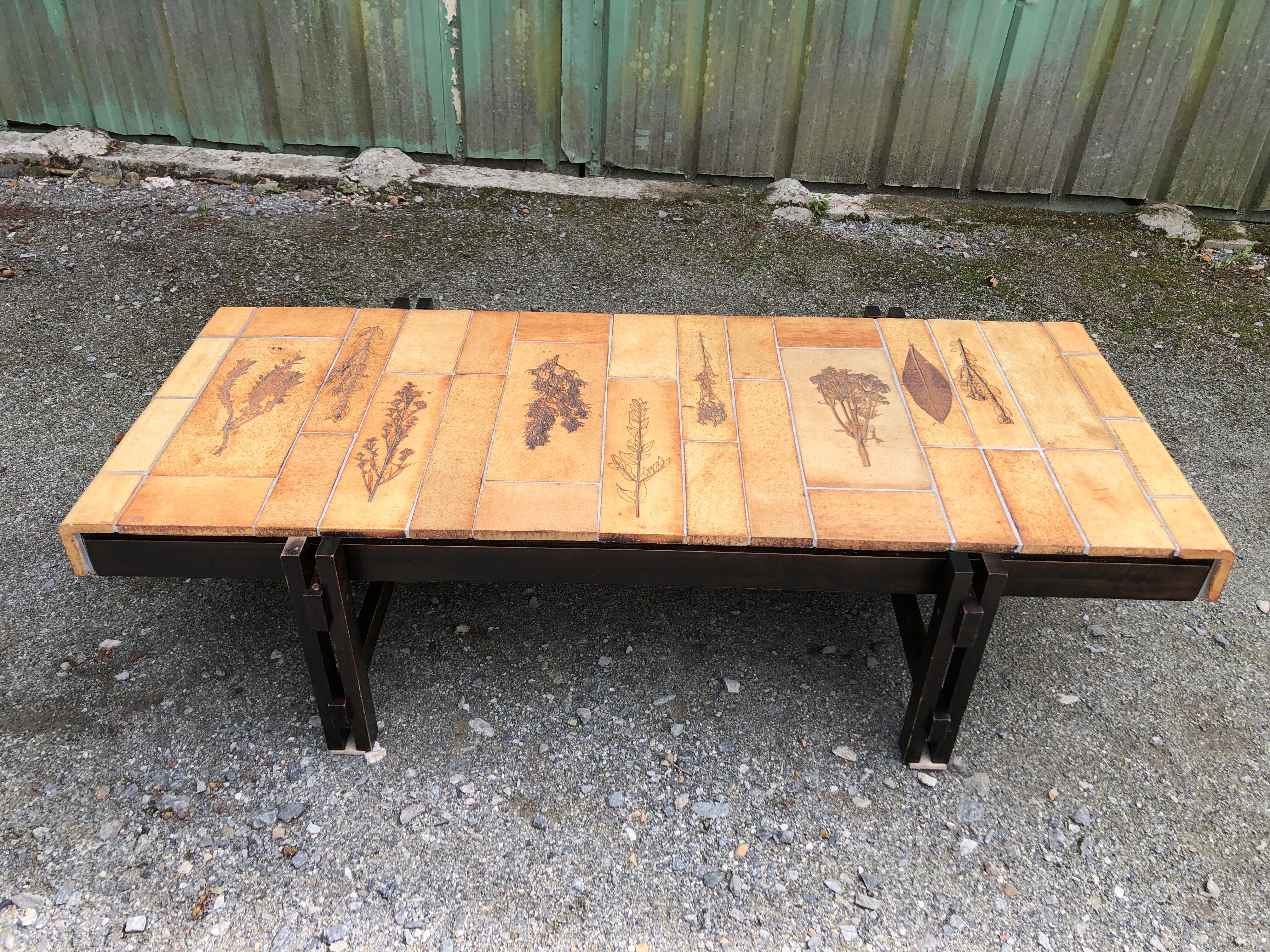 Vintage ceramic coffee table decorated with herbarium decoration Roger Capron