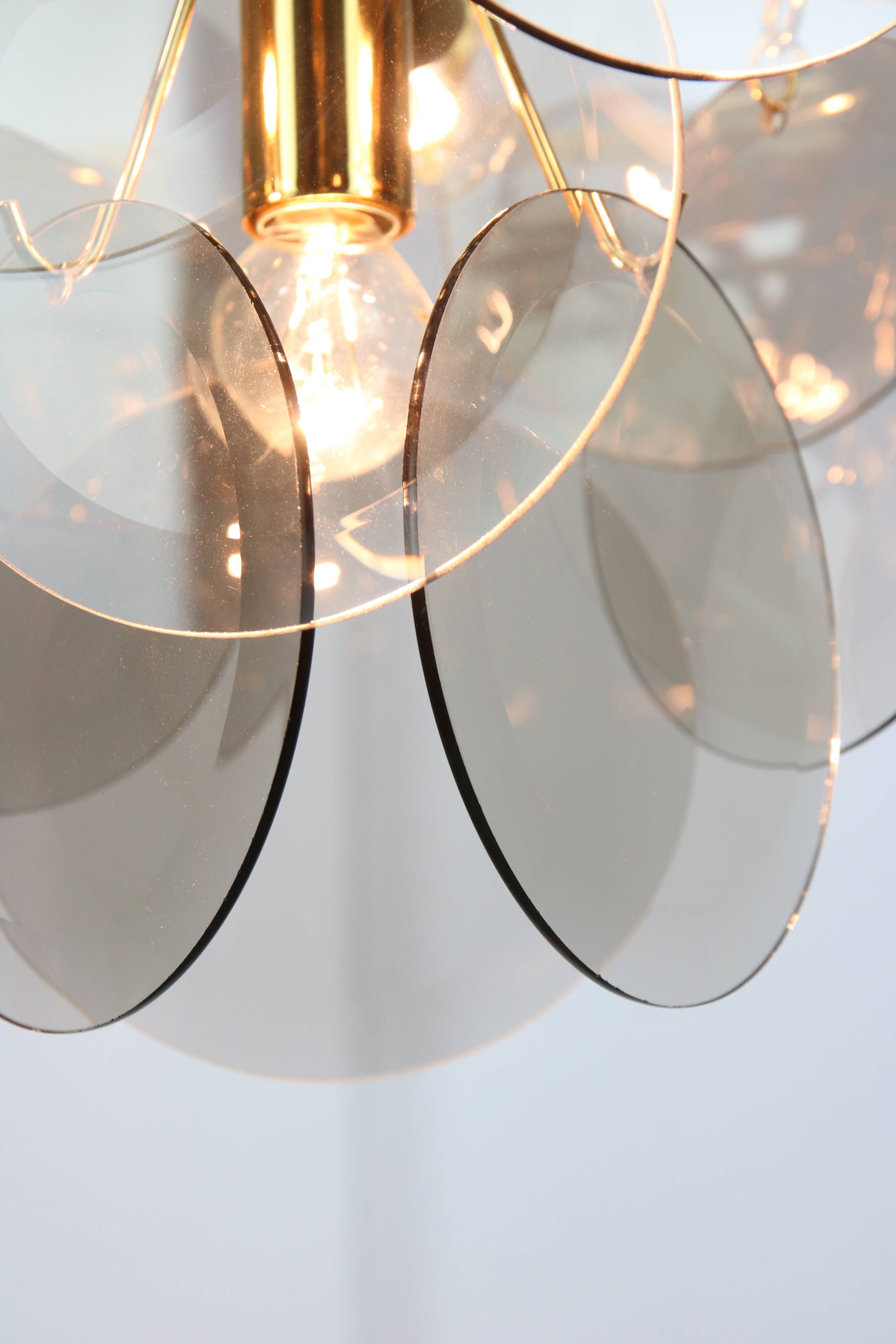 Vintage Vistosi Chandelier: Gold & Smoked Glass, Italian Mid-Century Lighti