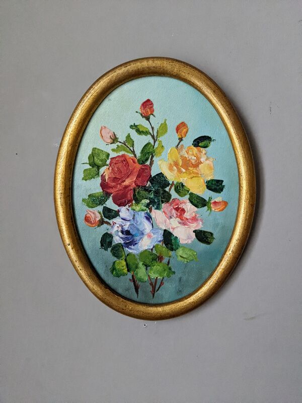 Tableau ancien ovale acrylique sur panneau bois doré