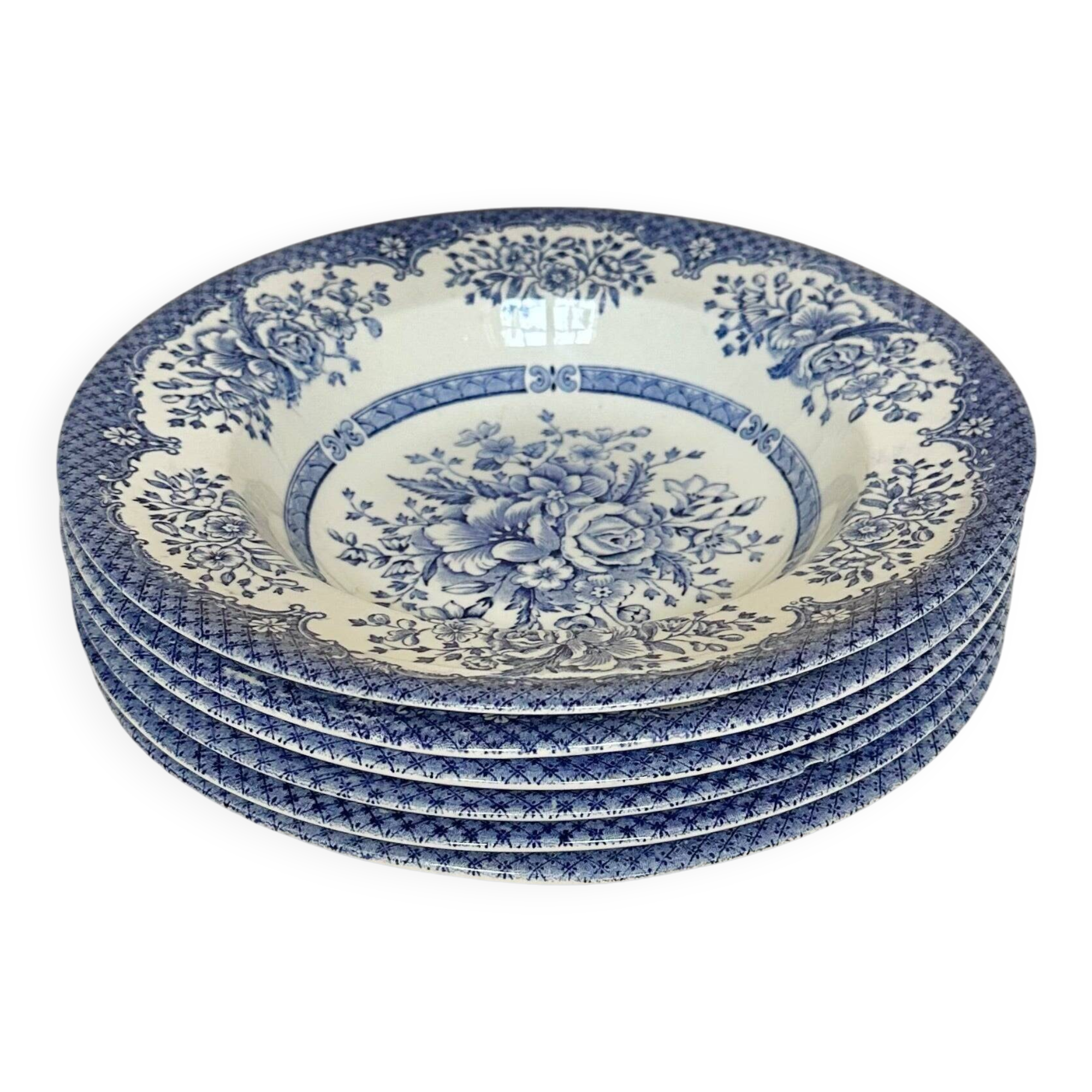 Set of six English deep plates, made of ironstone ceramic, floral patterns.
