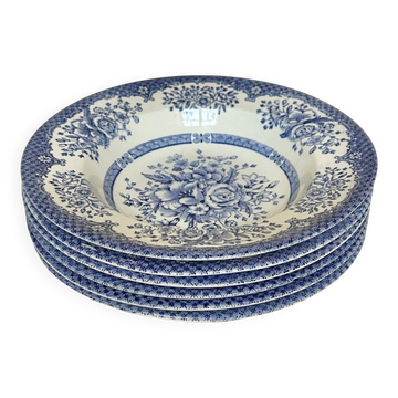 Set of six English deep plates, made of ironstone ceramic, floral patterns.