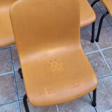 Set of 4 vintage Grosfillex school chairs, 60s-70s, orange plastic and tubular base