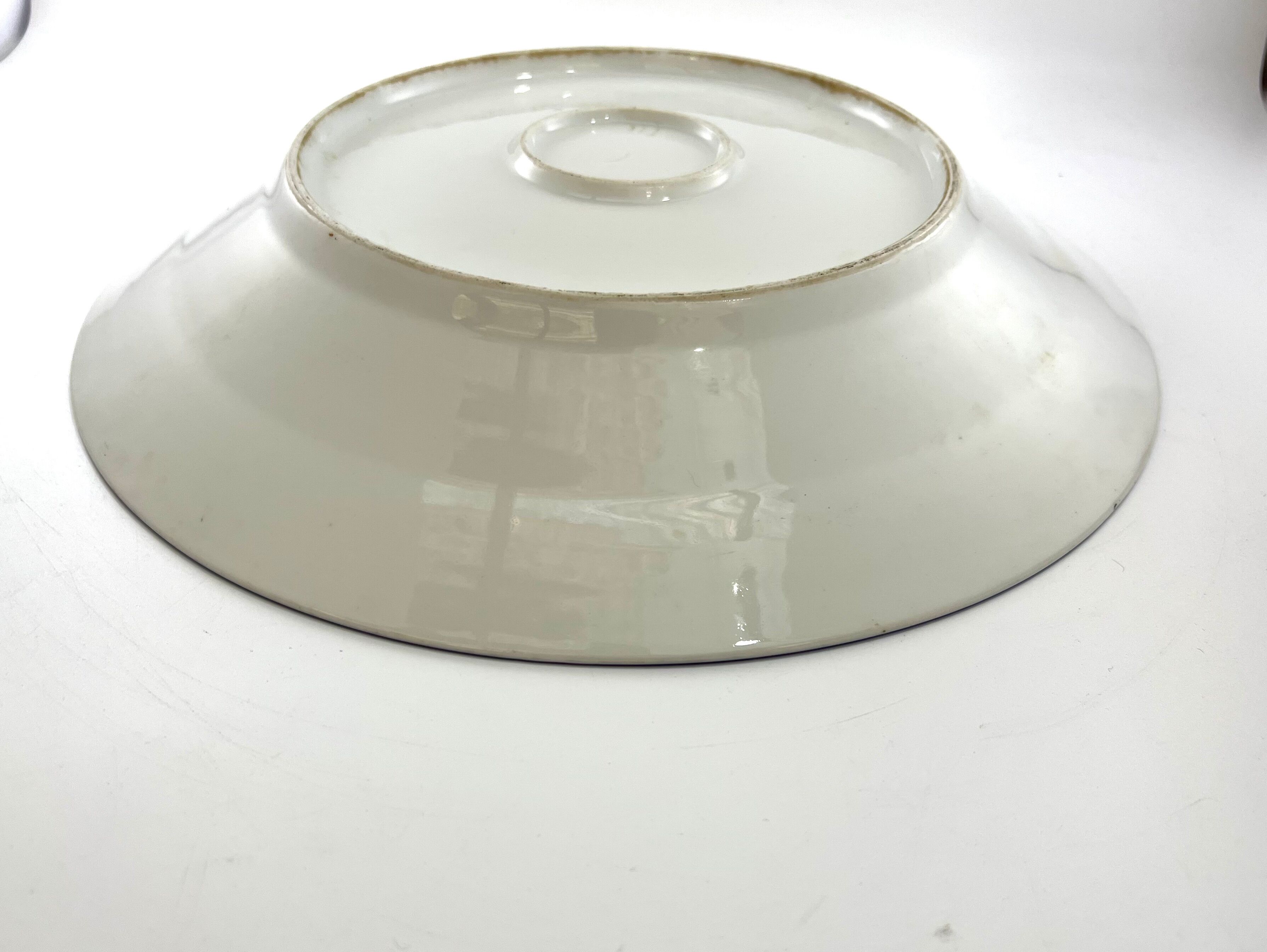 Round dish white monogrammed with blue border 34cm