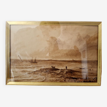 Théodore Gudin (1802-1880) Dessin au lavis d'encre brune sur papier - "Voilier près de la plage"