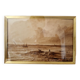 Théodore Gudin (1802-1880) Dessin au lavis d'encre brune sur papier - "Voilier près de la plage"