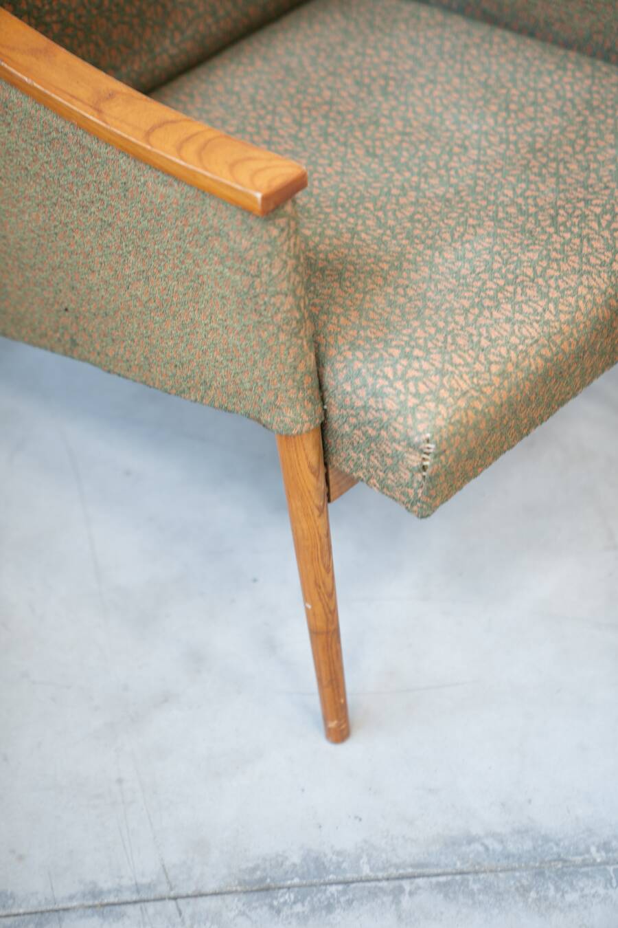 Pair of vintage armchairs in oak and embossed fabric, with old republished certificate of authenticity