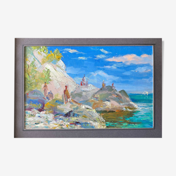 Russian school marine painting (signed and located) Animated seaside + frame