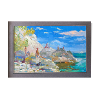 Russian school marine painting (signed and located) Animated seaside + frame