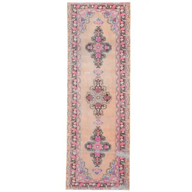 1970s Vintage Turkish Oushak Handmade Wool Cotton Orange Runner Rug 107x319