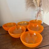 Vintage set of 6 small bowls or cups in slightly bubbled orange glass
