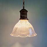 Large Holophane pendant light in clear grooved glass, 1920-30