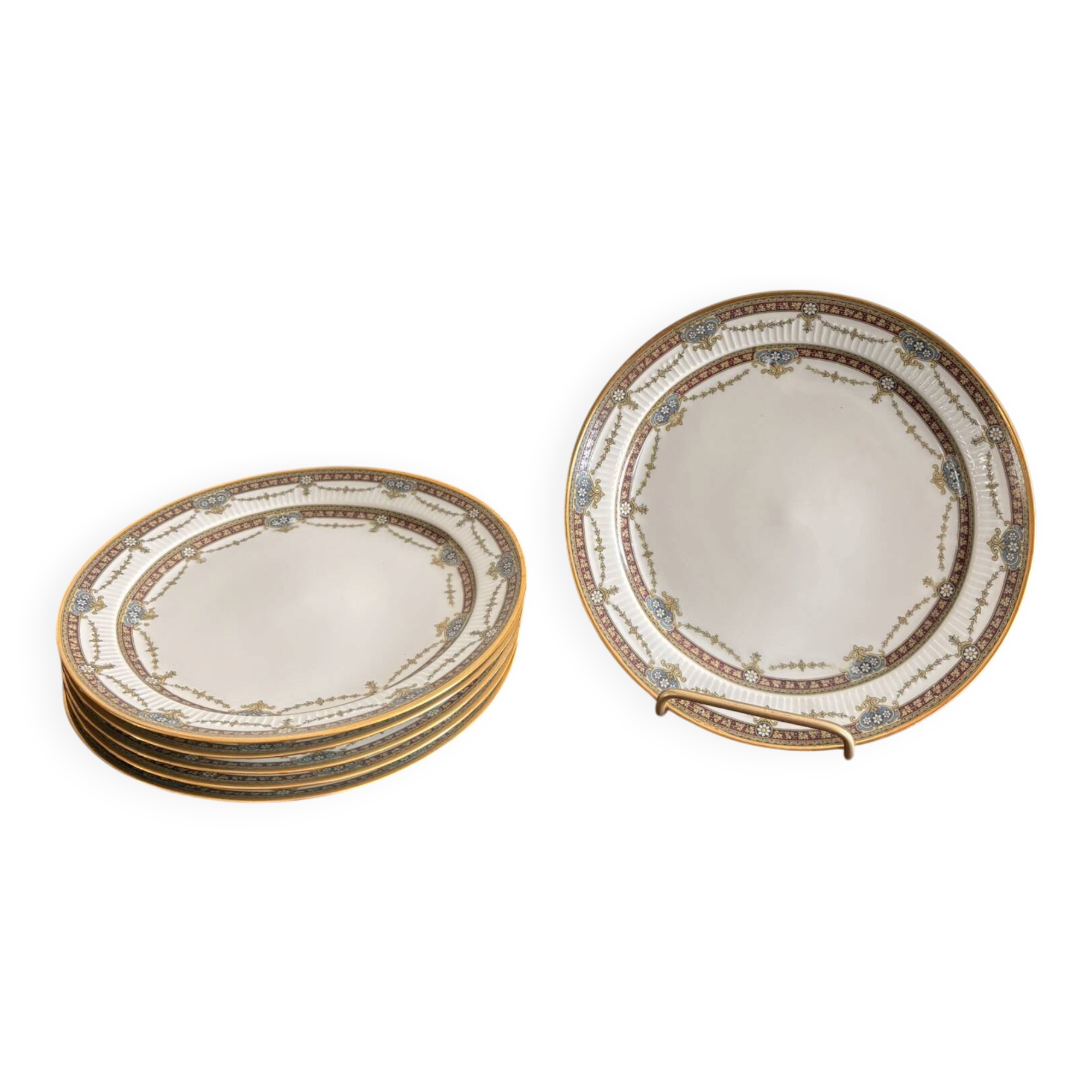 6 Dessert Plates Limoges Porcelain Harreau Fluted Edge Neo-Classical