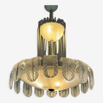 Venetian fountain chandelier in colorless green Murano glass 1940