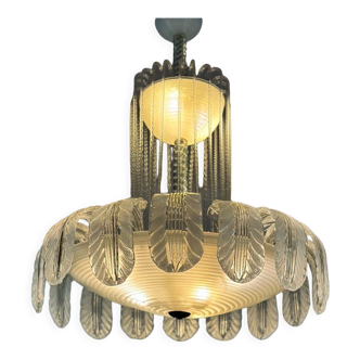 Venetian fountain chandelier in colorless green Murano glass 1940