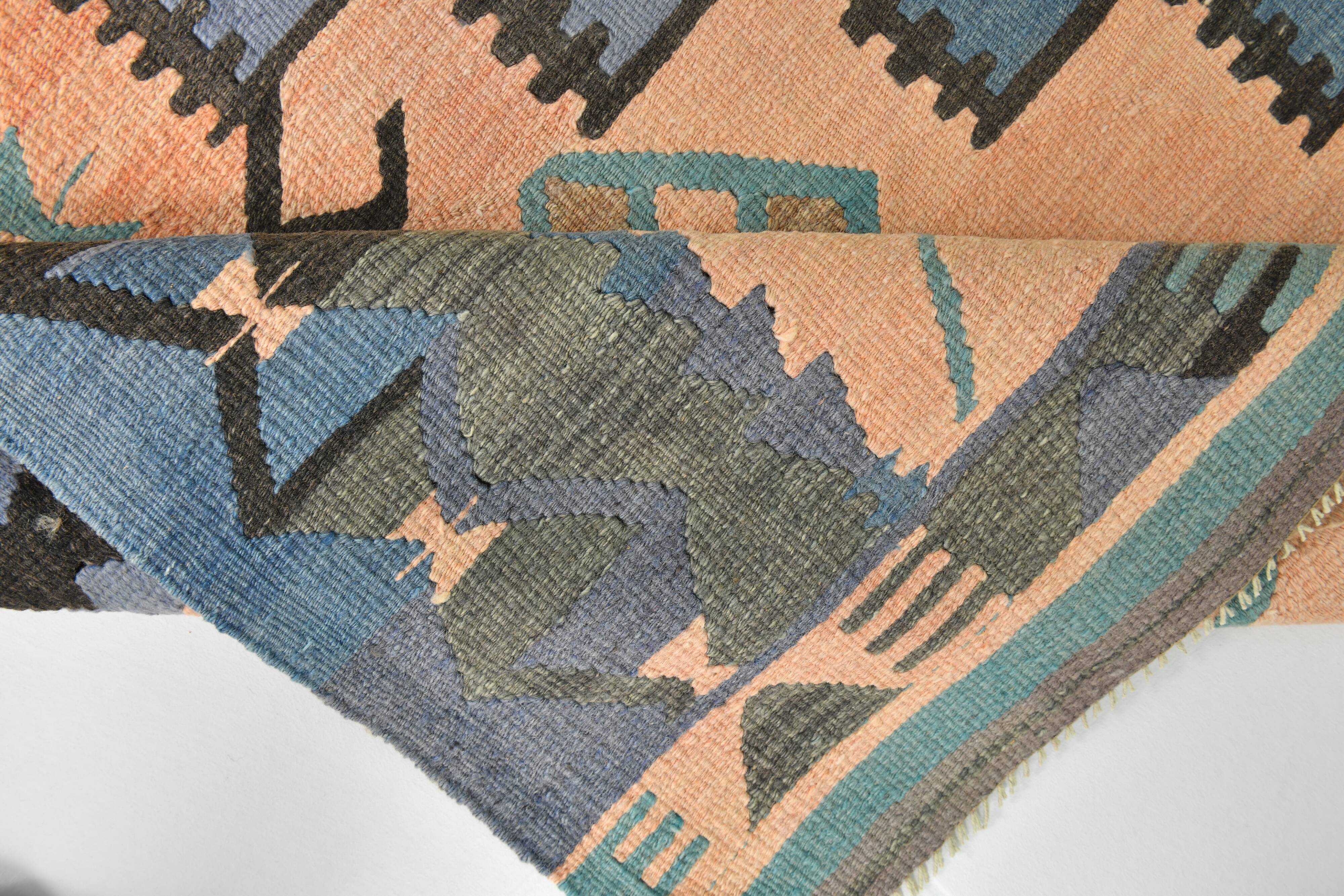 Faded Blue & Soft Peach Long Wide Handmade Kilim Rug, 168x296 Cm