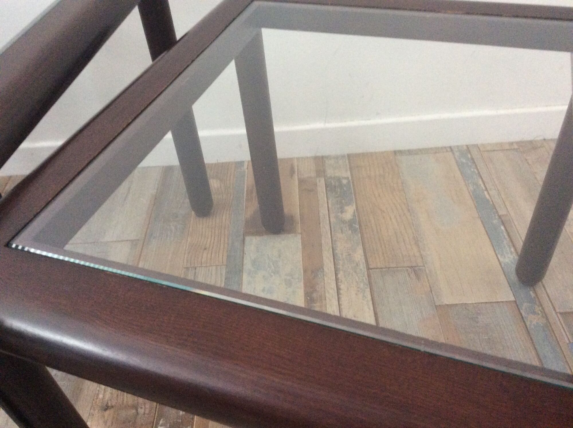 Series of 3 wooden and glass tables from the 70s