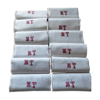 12 anciens torchons miteux rouge monogramme serviette