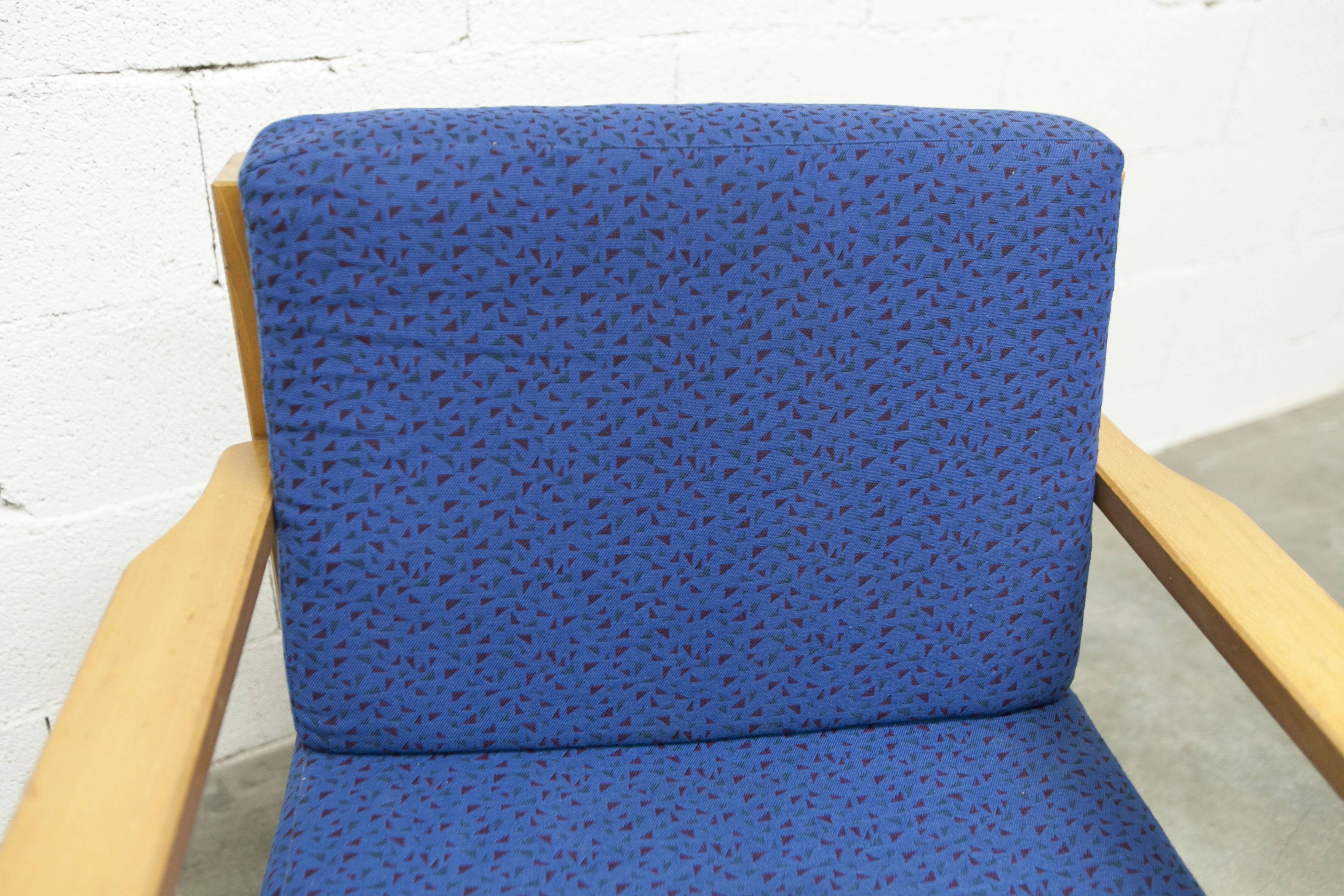 Comfortable 1980s blue and honey beech armchair