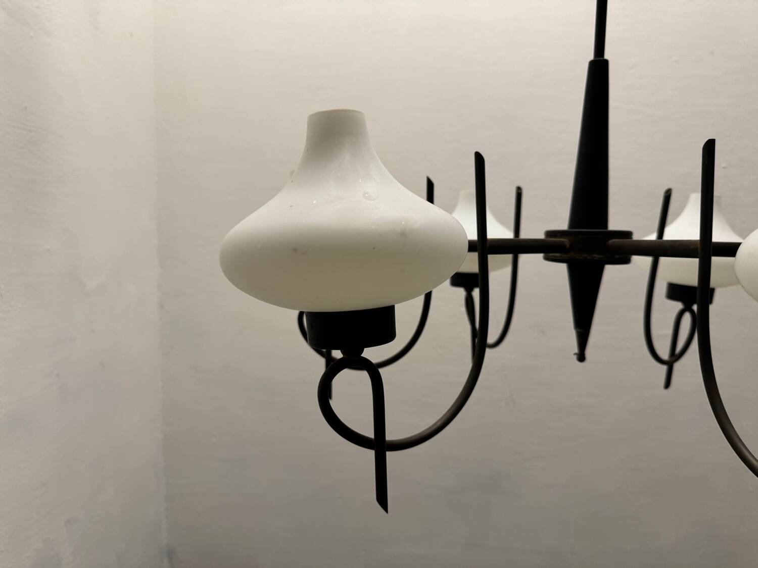 Italian Bronze Opaline Glass Chandelier 1950’s