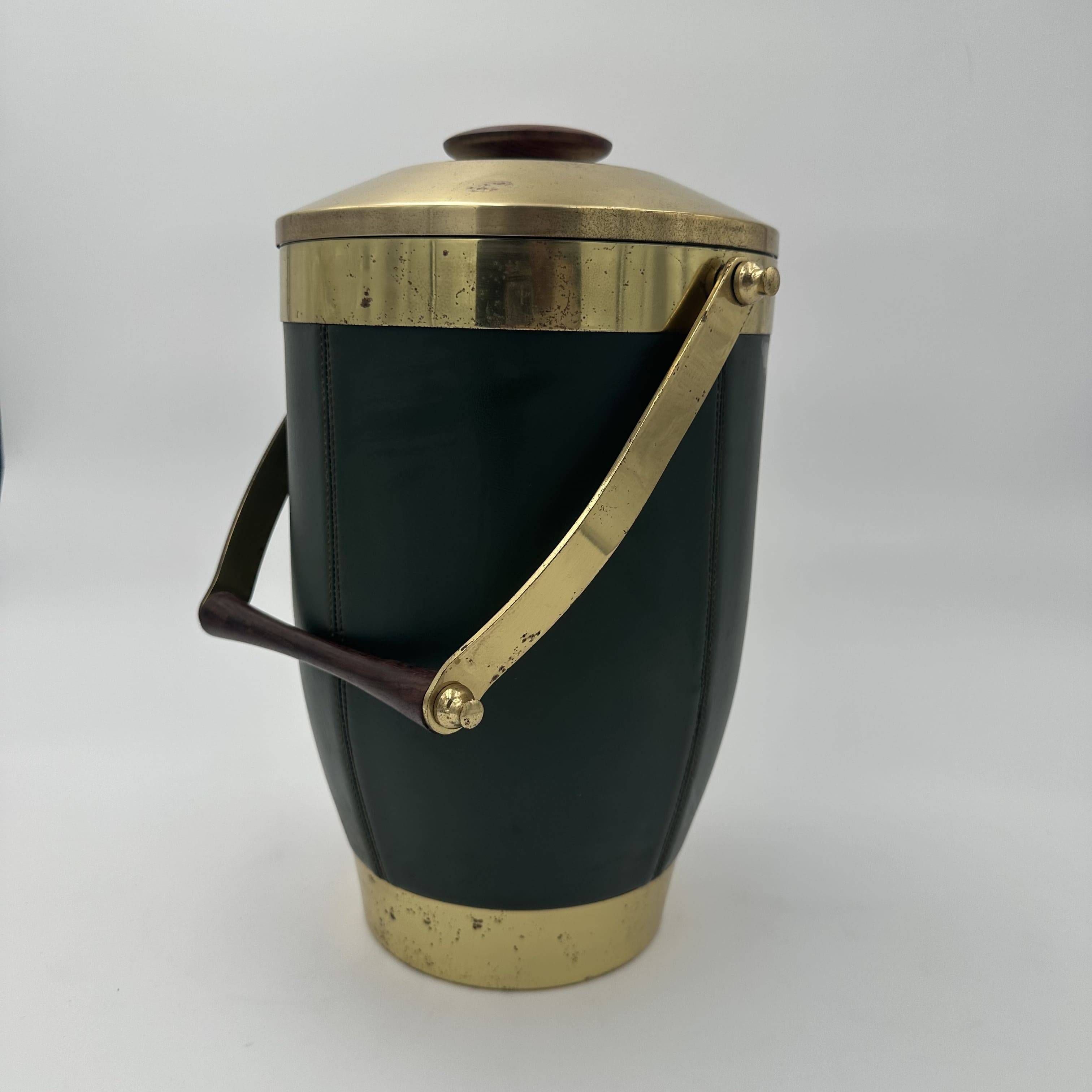 Green Leather and Brass Curved Handle Ice Bucket. Italian Work. V