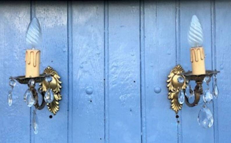 Vintage French Crystal Wall Sconces: Victorian Bronze & Brass Pair