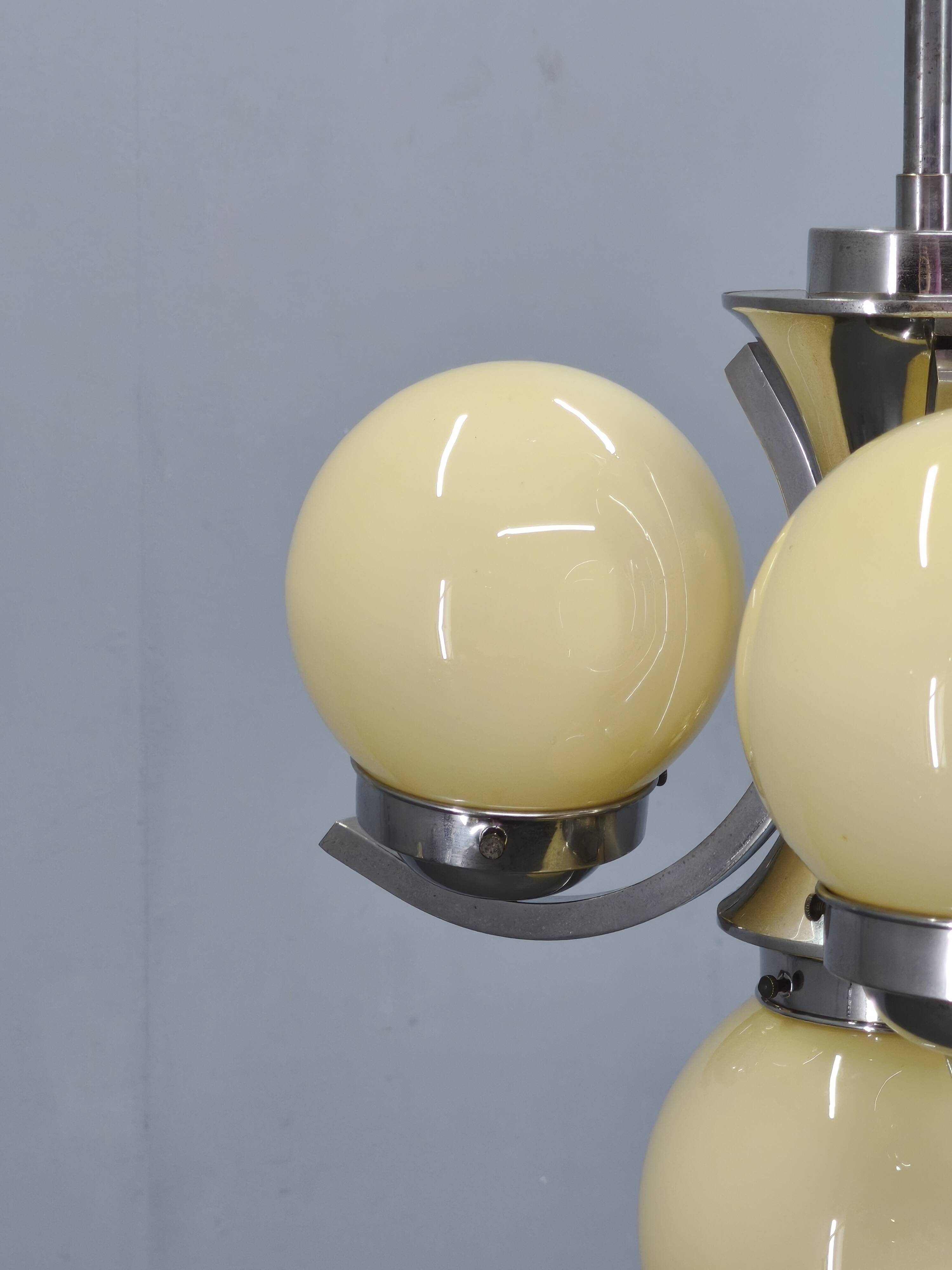 Art Deco Chrome and Opaline Glass Chandelier, 1930s