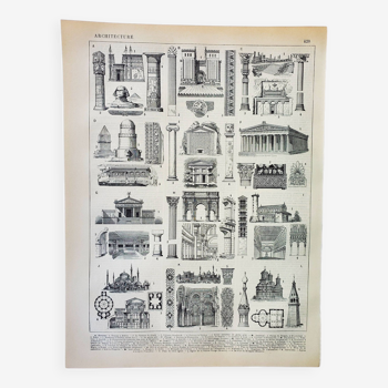 Gravure ancienne 1898, Architecture (antique), construction • Lithographie, Planche originale