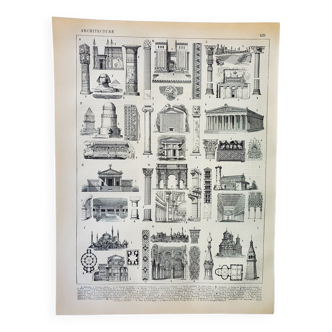 Gravure ancienne 1898, Architecture (antique), construction • Lithographie, Planche originale