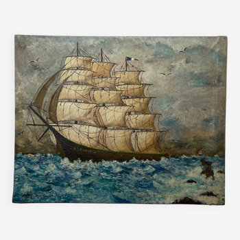 Oil on canvas three masted ship