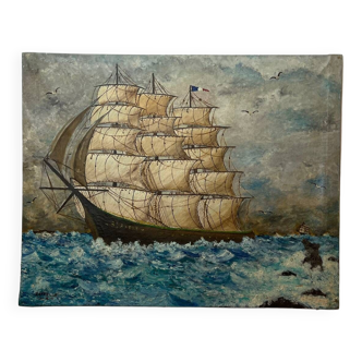 Oil on canvas three masted ship