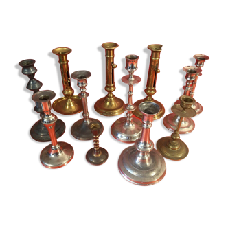 Lot of 12 disparate old candlesticks "0217"