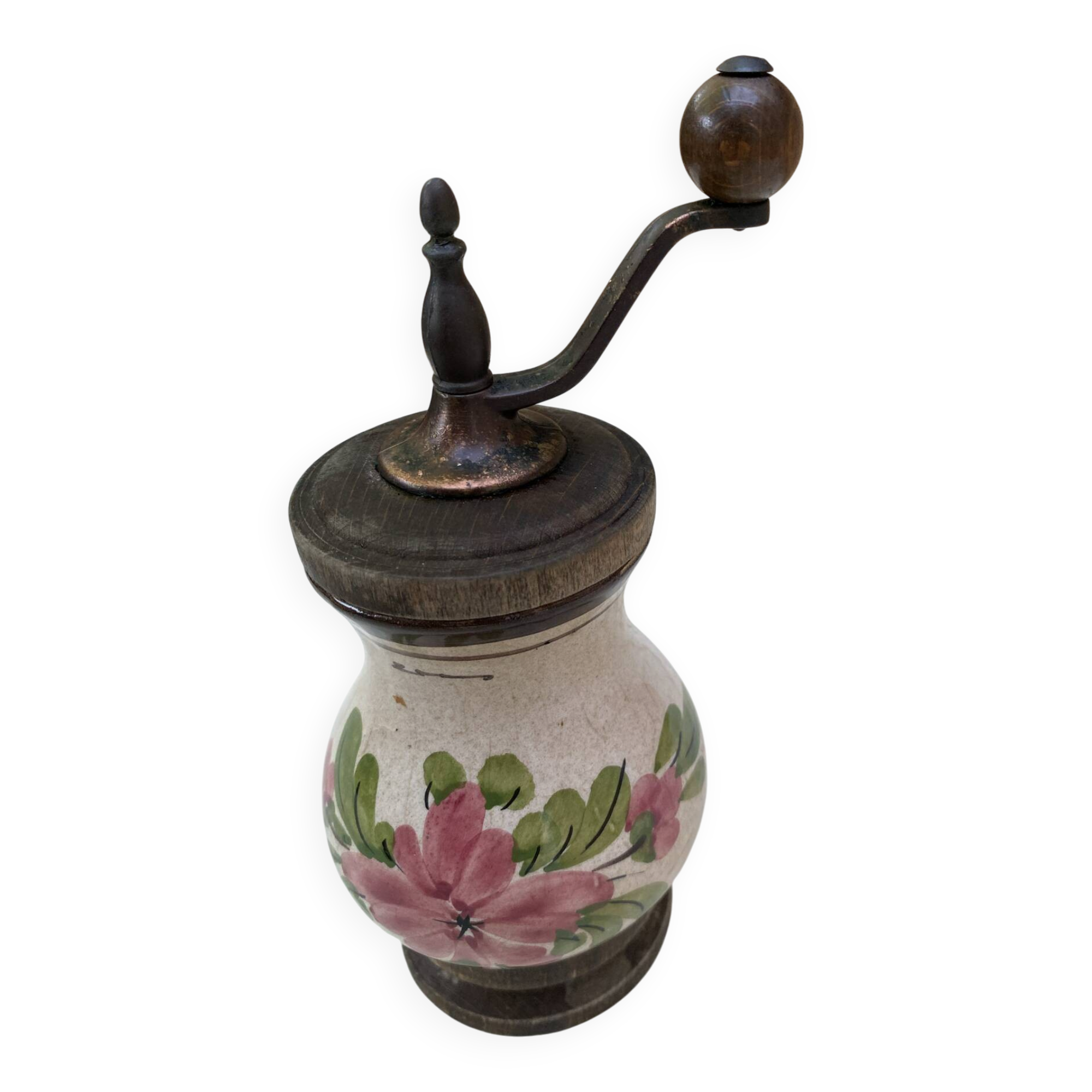 Vintage painted ceramic and wood pepper mill – Brand M – Decor