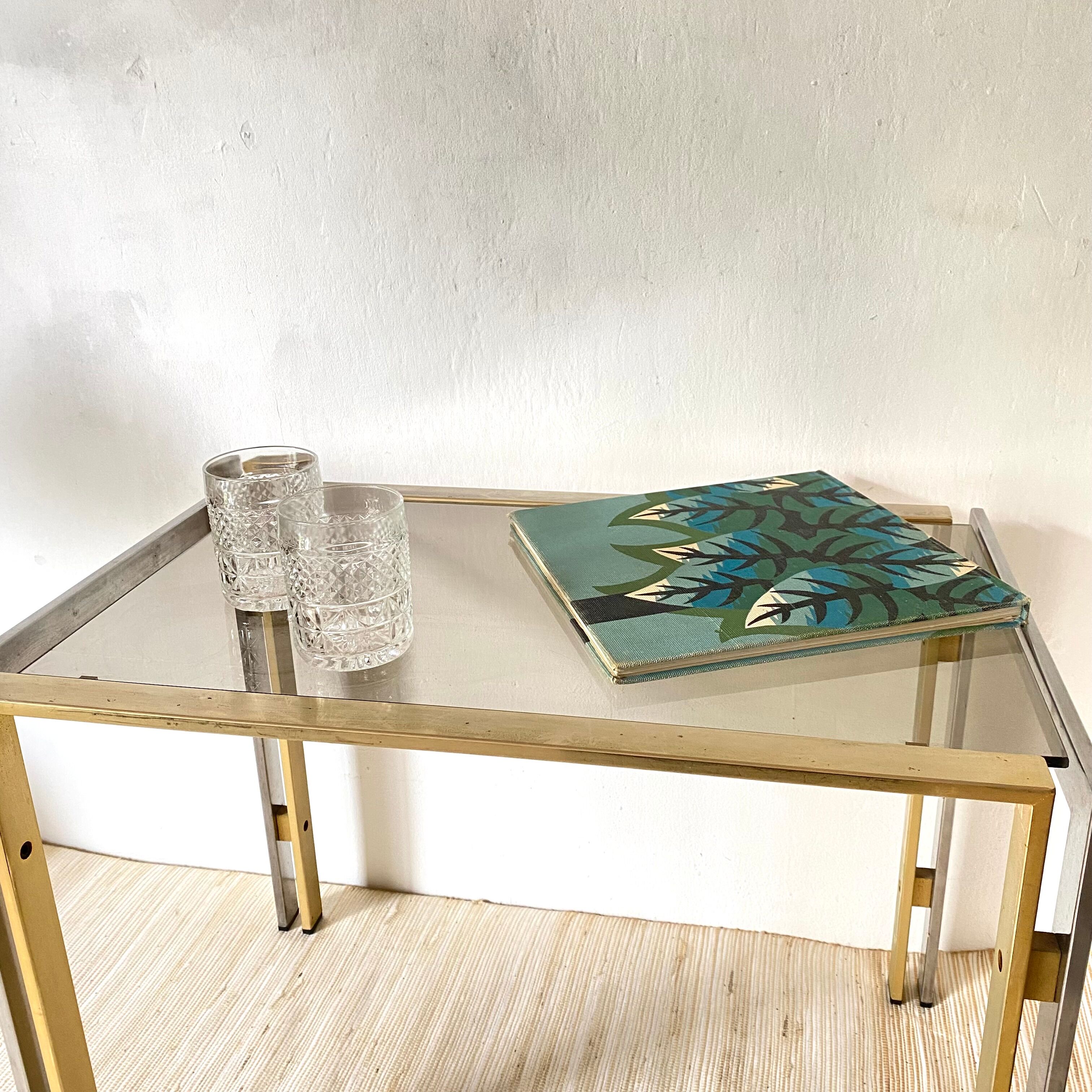 Side table, end of sofa in smoked glass and metal, 70s.