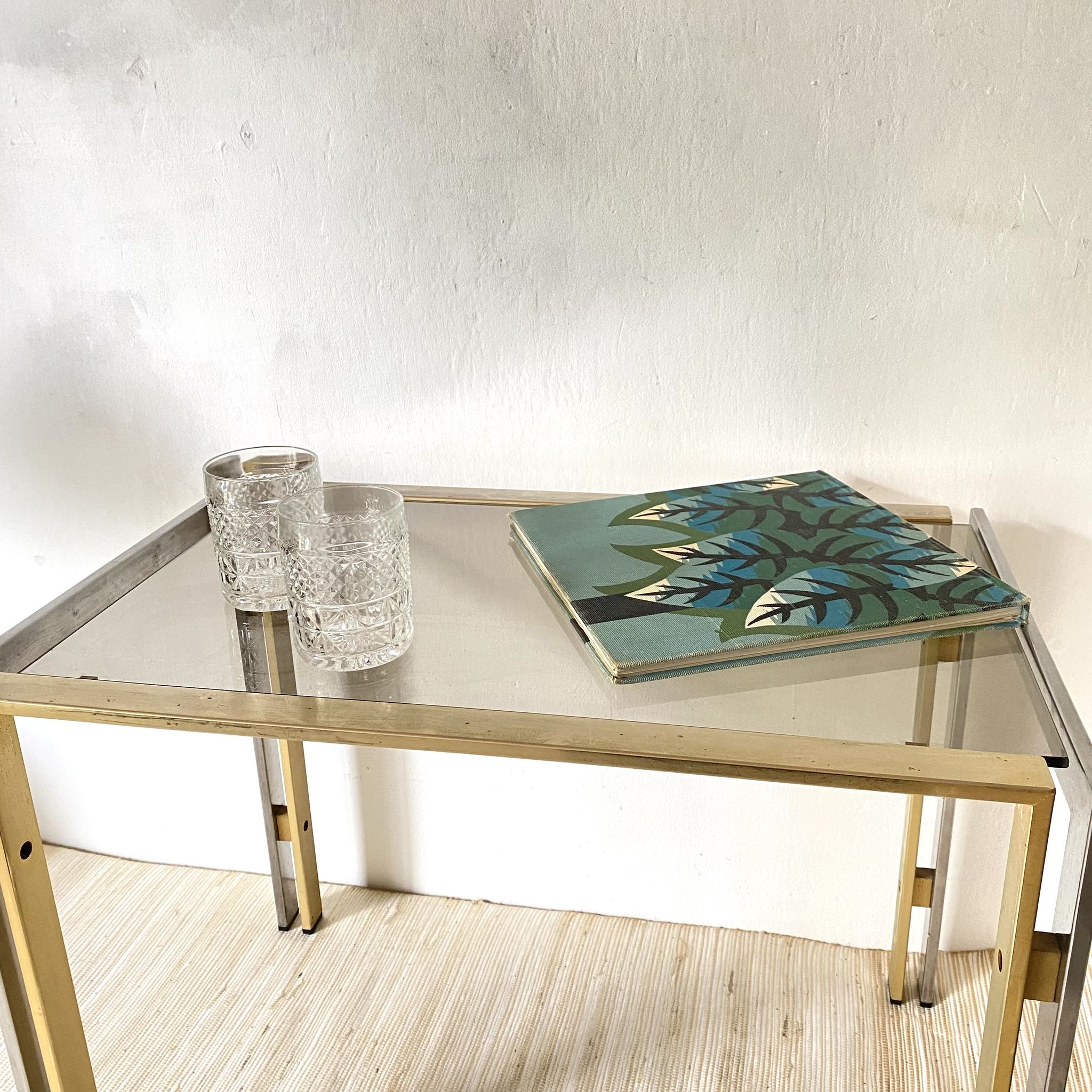 Side table, end of sofa in smoked glass and metal, 70s.