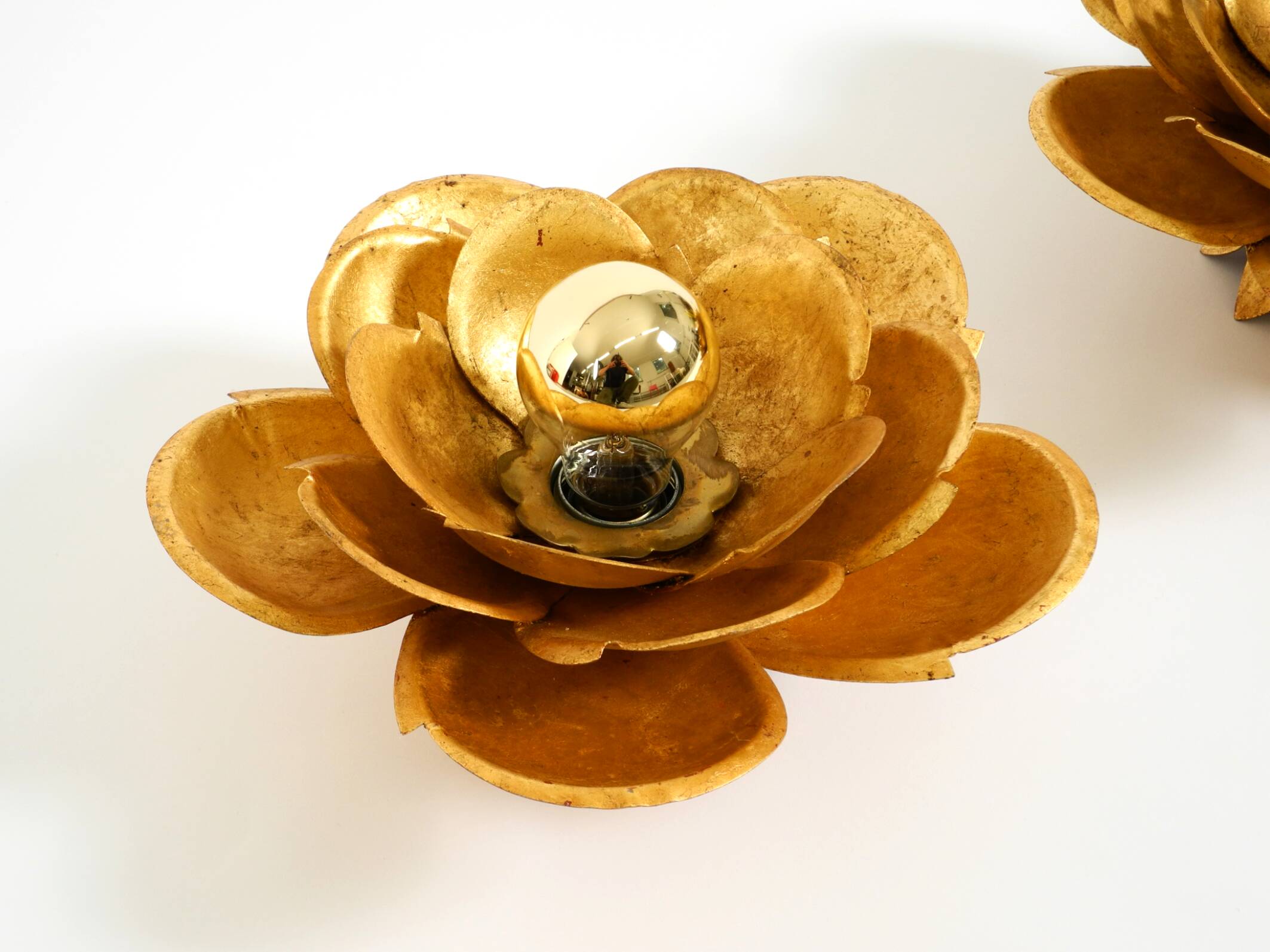 Two beautiful, large, gilt wall lamps, "Water Lily," Italy, 1960s