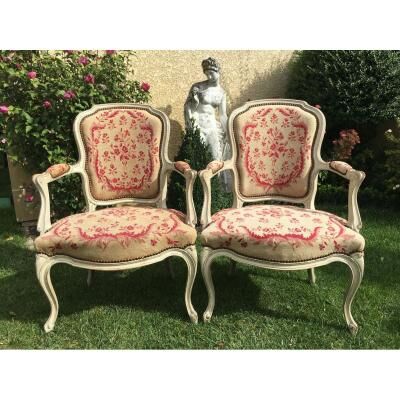 Pair of Louis XV period lacquered cabriolet armchairs, 18th century
