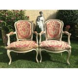 Pair of Louis XV period lacquered cabriolet armchairs, 18th century