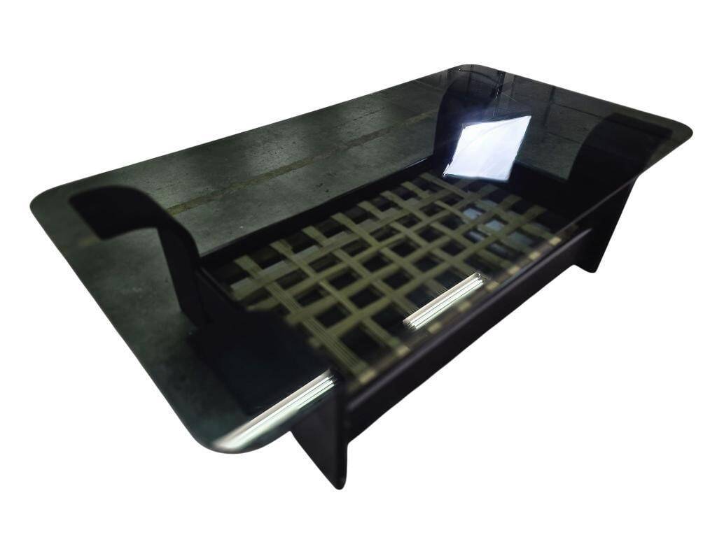 Vintage glass coffee table with dark wood frame
